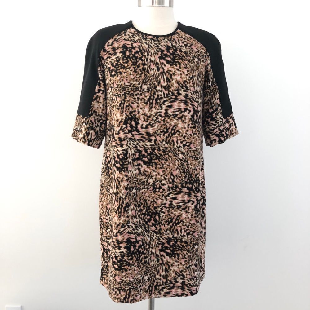 Maggy London Shift Dress Raglan Sleeve Animal Print Color Block